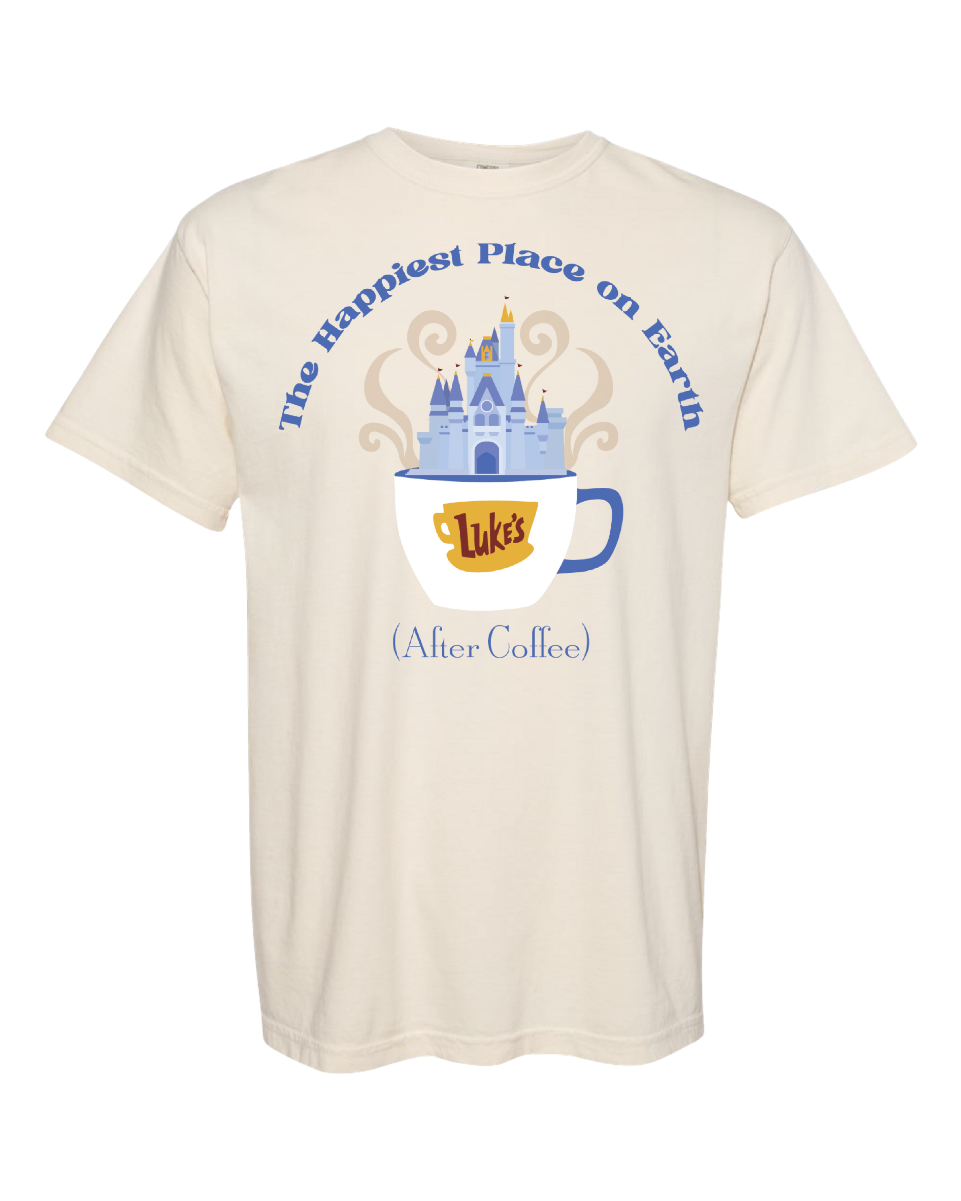 Cream t-shirt with blue castle and coffee cup graphic, text reads 'The Happiest Place on Earth (After Coffee)'.